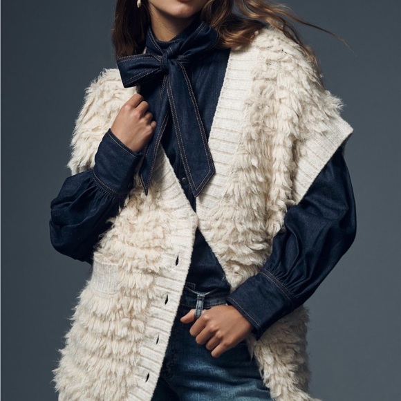 Anthropologie Loopy Cardigan Sweater Vest in Ivory Size Medium - Picture 5 of 5